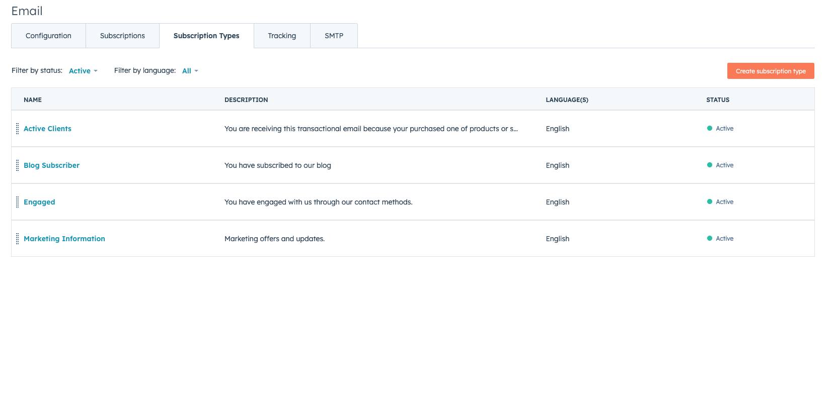 Marketing email subscription types